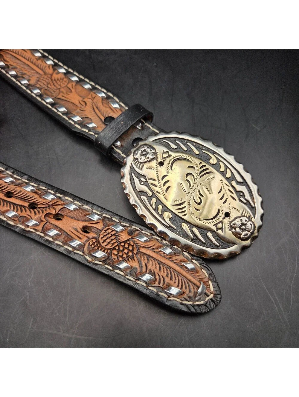 TANDY Western Leather Belt Mens 36 Brown Hand Tooled Floral Silver Studded 1.5in